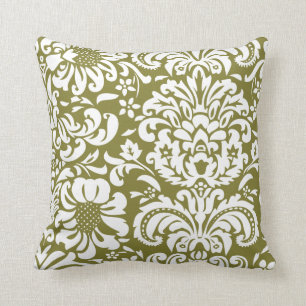 Olive Green and White Floral Damask Cushion