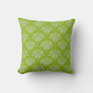 Olive Green and White Floral Damask Cushion