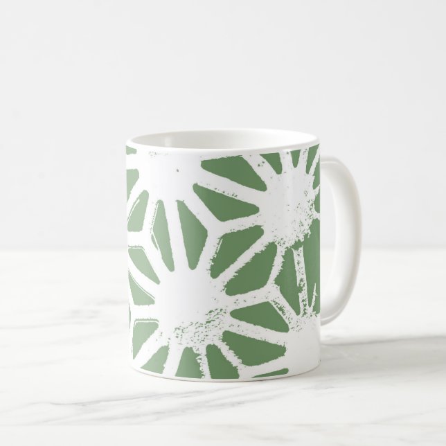 Olive green and white geometric pattern coffee mug (Front Right)