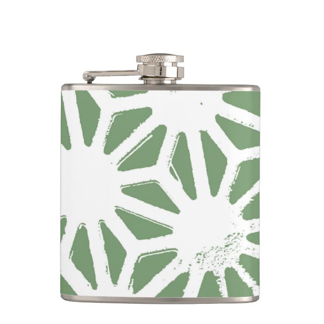 Olive green and white geometric pattern hip flask (Front)