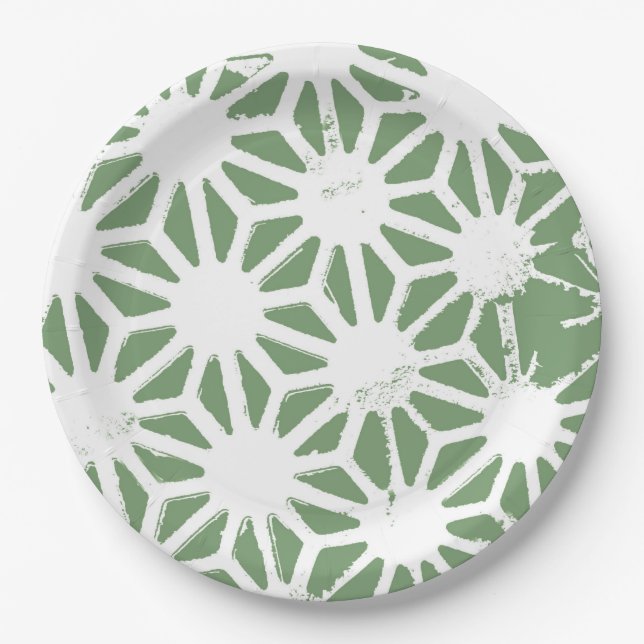 Olive green and white geometric pattern paper plate (Front)