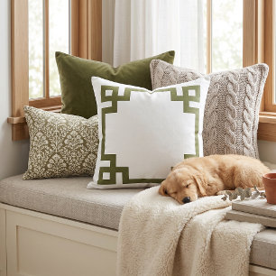 Olive Green and White Greek Key Editable Colours Cushion