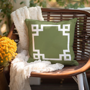 Olive Green and White Greek Key   Editable Colours Cushion