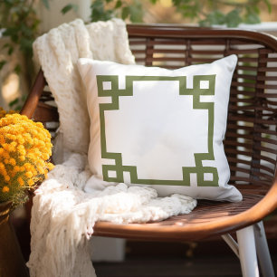Olive Green and White Greek Key   Editable Colours Cushion