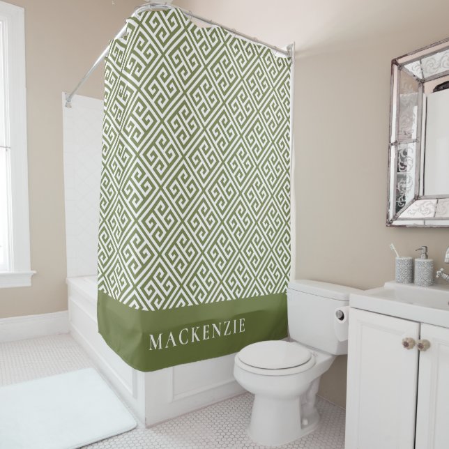 Olive Green and White Greek Key Name Monogram Shower Curtain (In Situ)