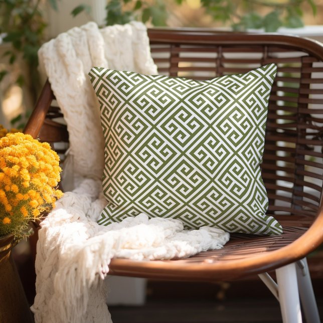 Olive Green and White Greek Key Pattern Cushion (Creator Uploaded)