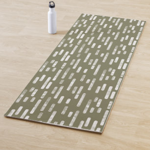 Olive Green and White Inky Rounded Lines Pattern Yoga Mat