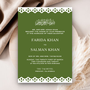 Olive Green and White Lace Islamic Muslim Wedding Invitation