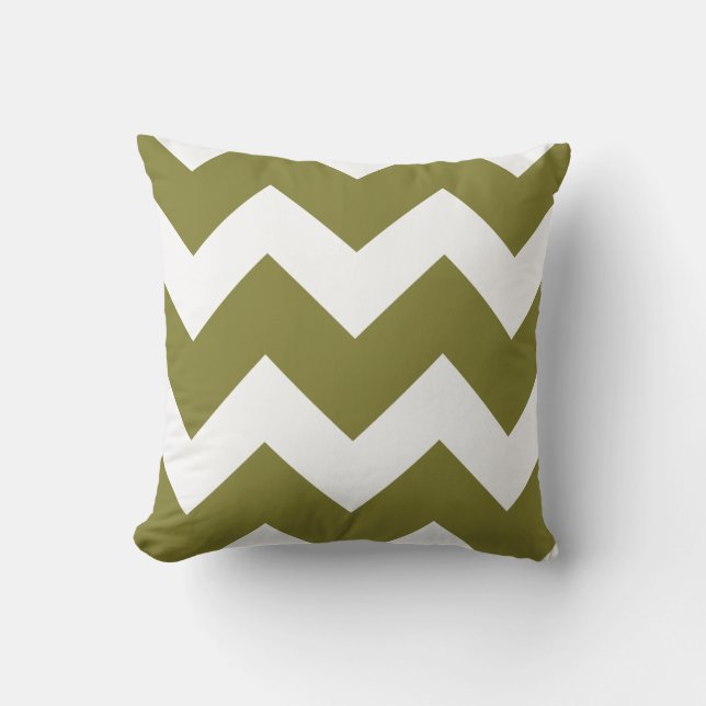 Olive Green and White Large Chevron Print Cushion (Front)