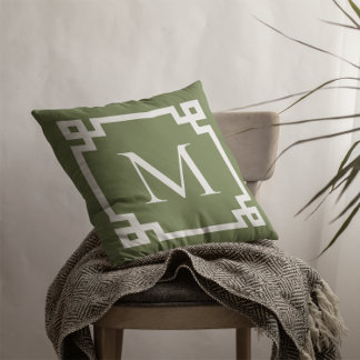 Olive Green and White Monogrammed Greek Key Border Cushion
