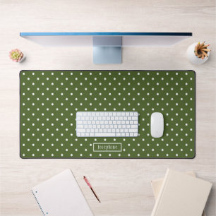 Olive Green And White Polka Dots With Name Desk Mat