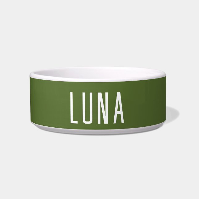 Olive Green and White Simple Elegant Name Cat Dog Bowl (Front)