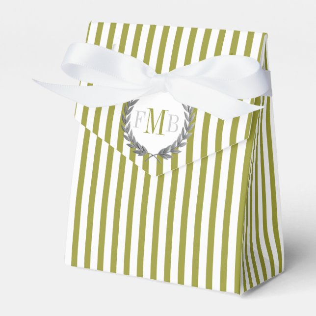 Olive green and white stripes monogram wedding favour box (Front Side)