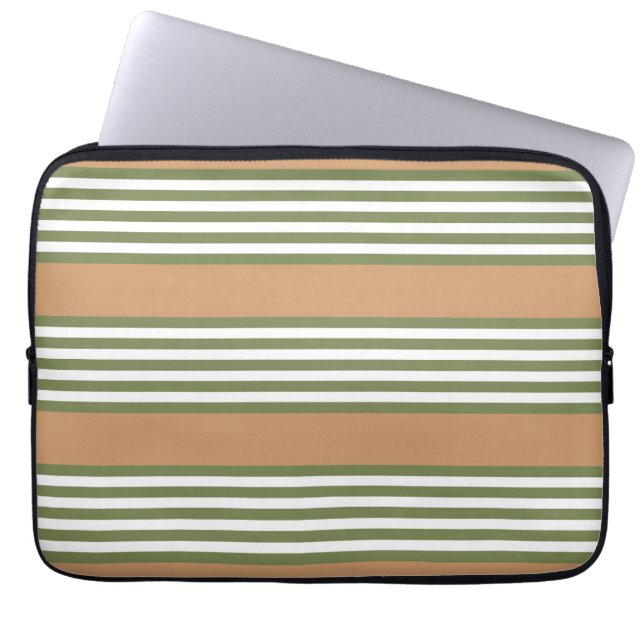 Olive green and white stripes pattern with tan laptop sleeve (Front)