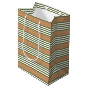 Olive green and white stripes pattern with tan medium gift bag