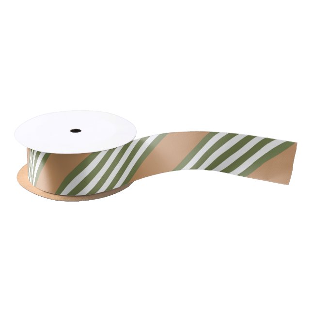 Olive green and white stripes pattern with tan satin ribbon (Spool)