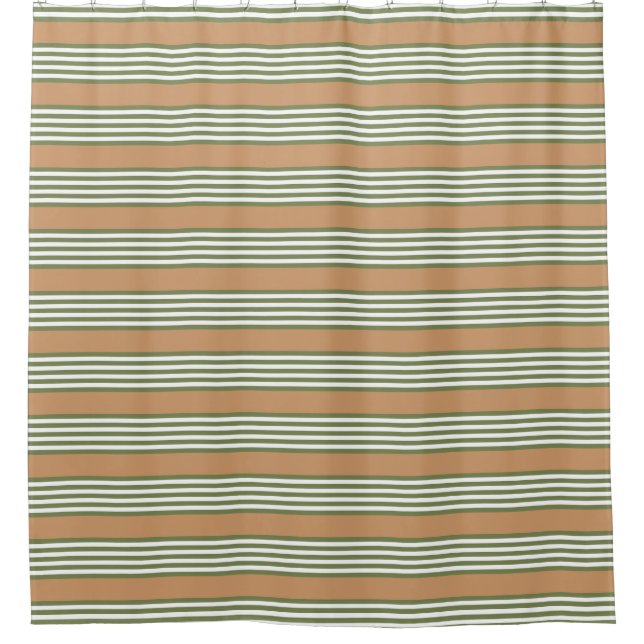 Olive green and white stripes pattern with tan shower curtain (Front)