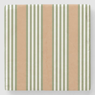 Olive green and white stripes pattern with tan stone coaster