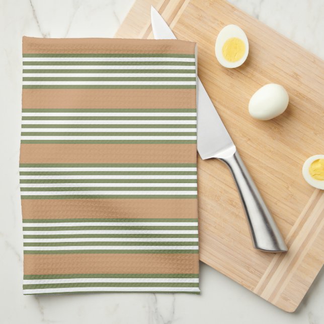 Olive green and white stripes pattern with tan tea towel (Quarter Fold)