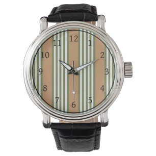 Olive green and white stripes pattern with tan watch