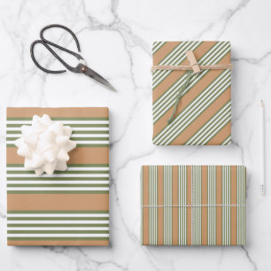 Olive green and white stripes pattern with tan wrapping paper sheet