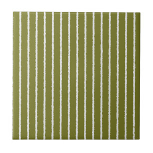 Olive Green and White Stripes with Uneven Lines Ceramic Tile