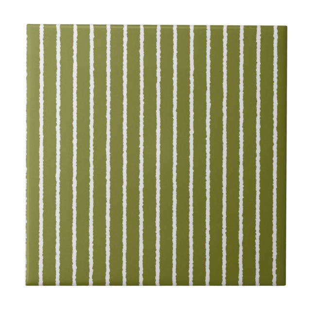 Olive Green and White Stripes with Uneven Lines Ceramic Tile (Front)