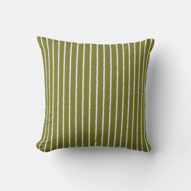 Olive Green and White Stripes with Uneven Lines Cushion (Front)