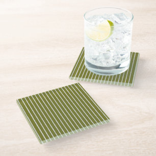 Olive Green and White Stripes with Uneven Lines Glass Coaster