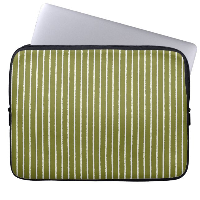 Olive Green and White Stripes with Uneven Lines Laptop Sleeve (Front)