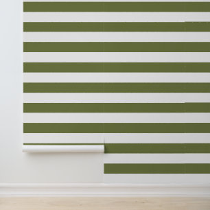 Olive Green and White Wide Horizontal Stripes Wallpaper