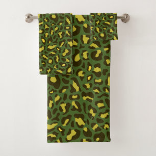 Olive Green and Yellow Leopard Print Trendy Bath Towel Set