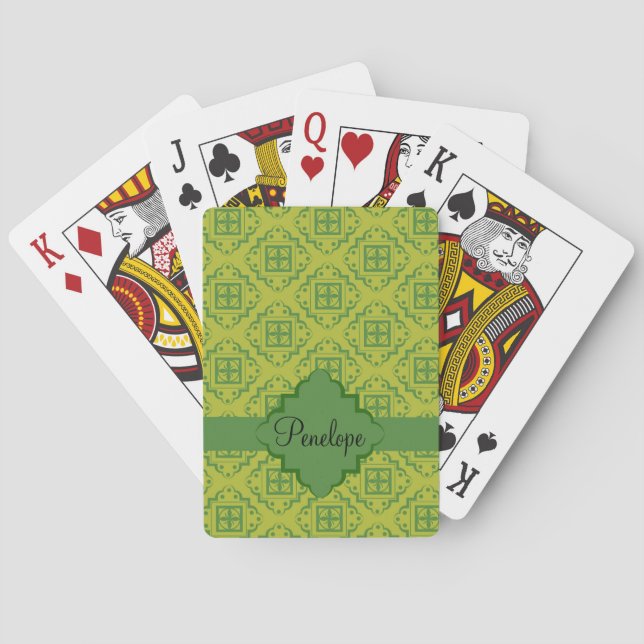 Olive Green Arabesque Moroccan Graphic Pattern Playing Cards (Back)