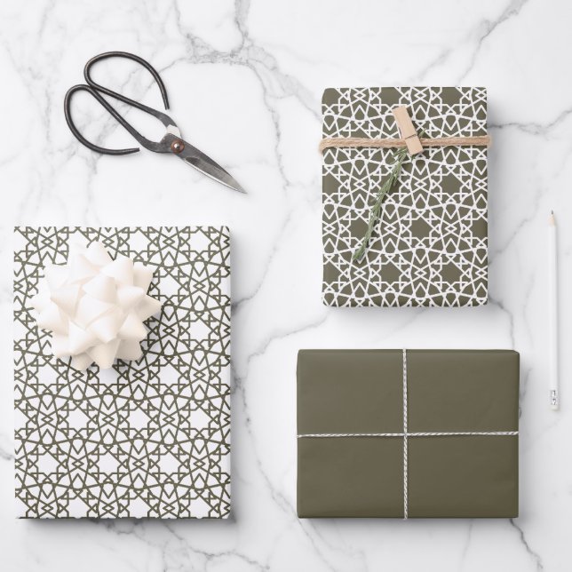 Olive Green Arabesque Pattern Design Wrapping Paper Sheet (Front)