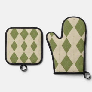 Olive Green Argyle Diamond Pattern Oven Mitt & Pot Holder Set