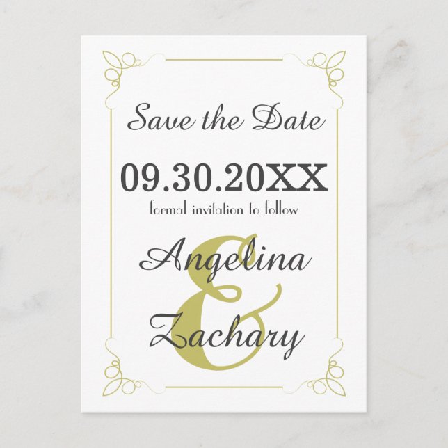 Olive Green Art Deco Save The Date Post Card (Front)