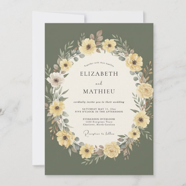 Olive Green Artistic Nature Wedding Invitation (Front)