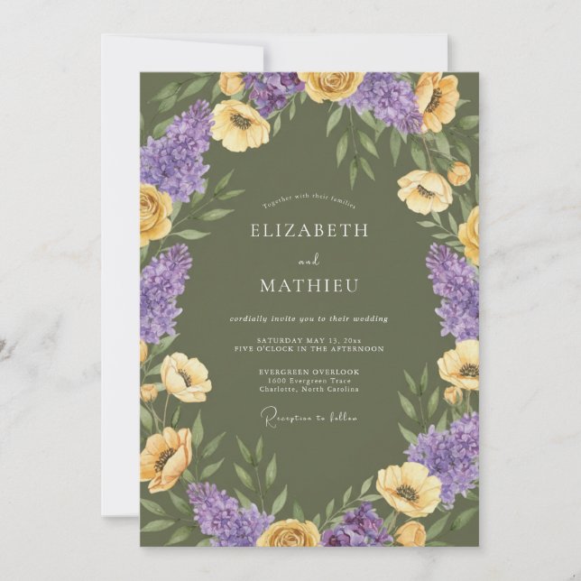 Olive Green Artistic Wildflower Wedding Invitation (Front)