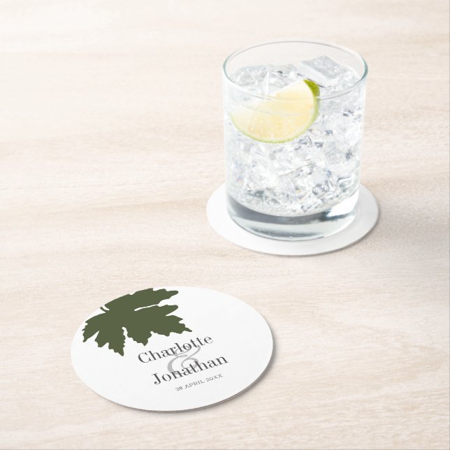 Olive Green Autumn Maple Leaf Wedding/Engagement  Round Paper Coaster (Insitu)