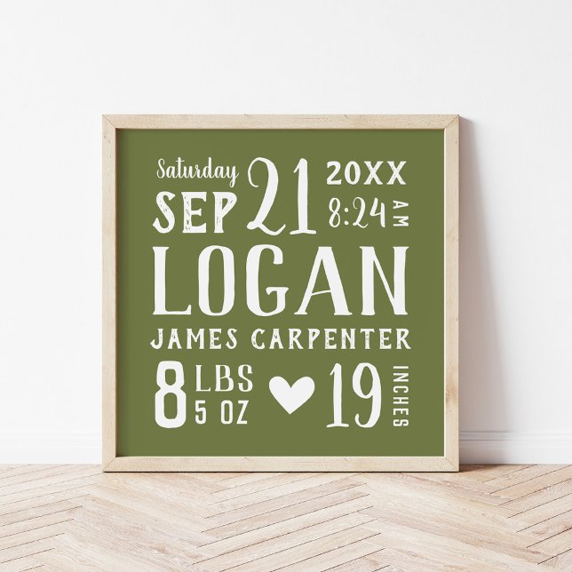 Olive Green Baby Boy Birth Stats Keepsake Poster (Creator Uploaded)