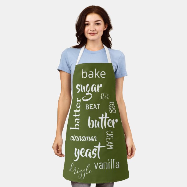 Olive Green Baking Words Apron (Worn)