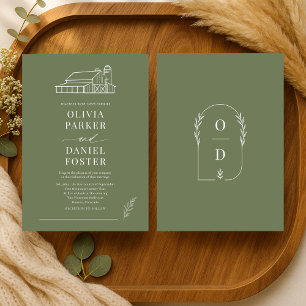 Olive Green Barn Farmhouse Line Art Wedding Invitation