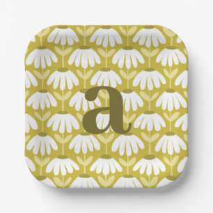 Olive Green Birthday Monogram Daisies Floral Paper Plate