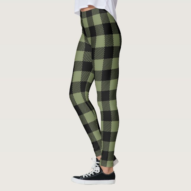 Olive Green Black Buffalo Check Plaid Pattern Leggings (Left)