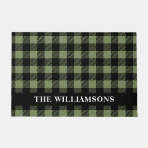 Olive Green Black Buffalo Check Plaid Personalised Doormat