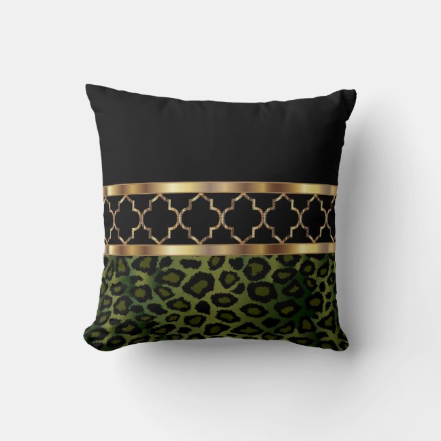 Olive Green, Black & Gold Quatrefoil and Leopard Cushion (Front)