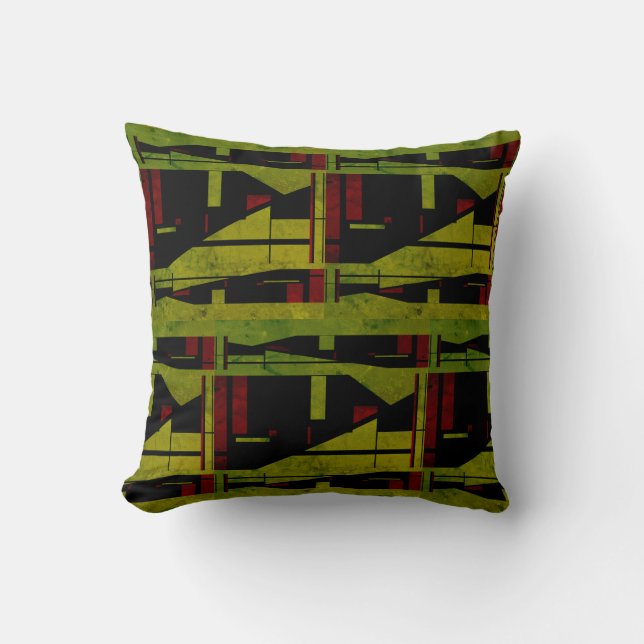 Olive Green Black Red Abstract Large Mosaics Motif Cushion (Front)