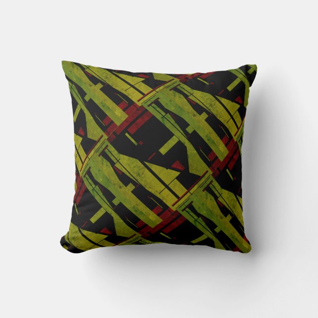 Olive Green Black Red "Patterned" Diagonal Mosaic Cushion (Front)