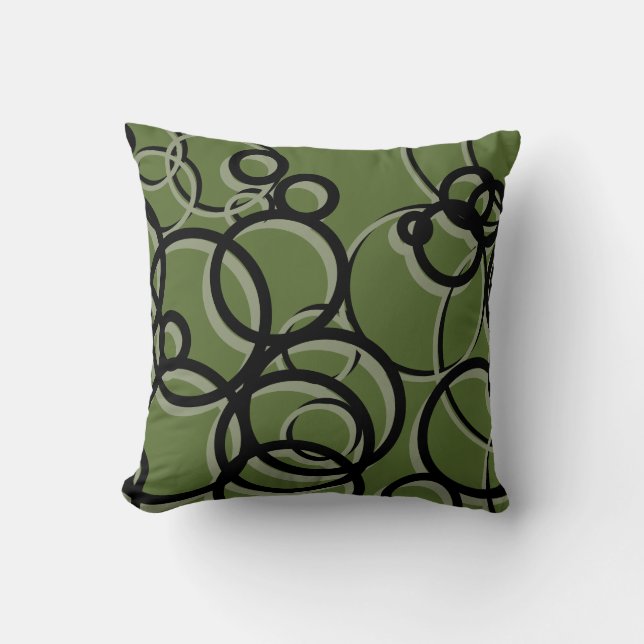 Olive Green, Black & Sage Modern Geometric Circles Cushion (Front)