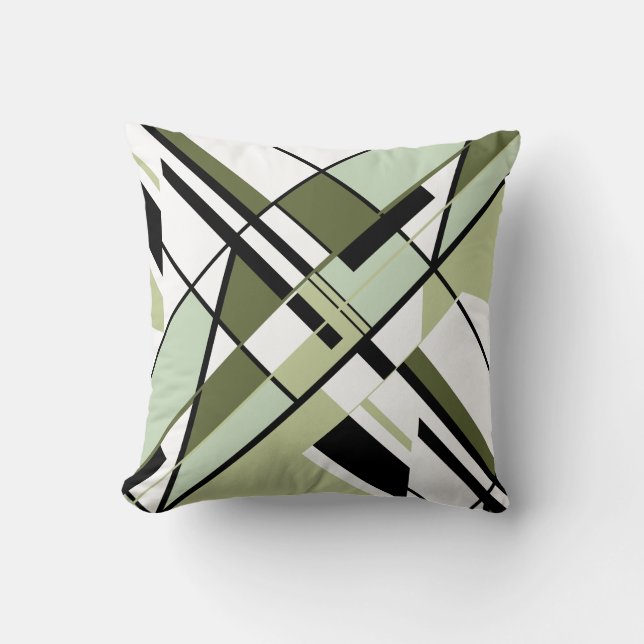 Olive Green Black White Diagonal Angular Design Cushion (Front)